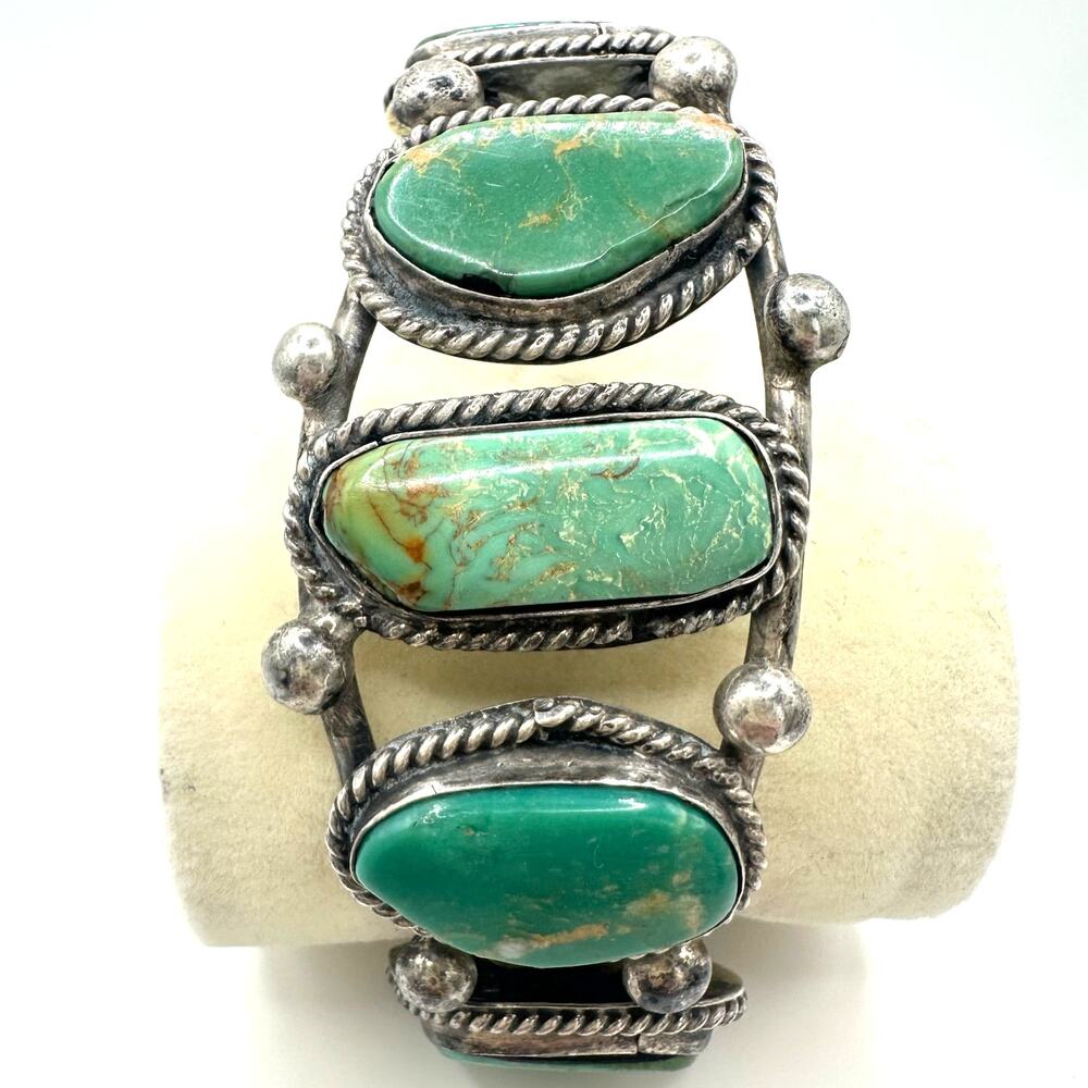 Navajo Native American vintage sterling silver 5 green turquoise cuff bracelet - Picture 2 of 10